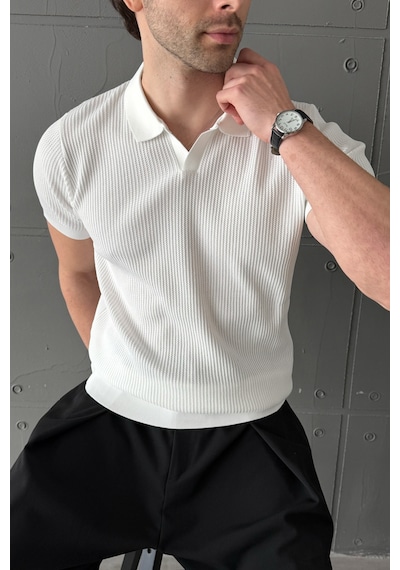 Erkek Petek Desen Polo Yaka Triko T-shirt Beyaz