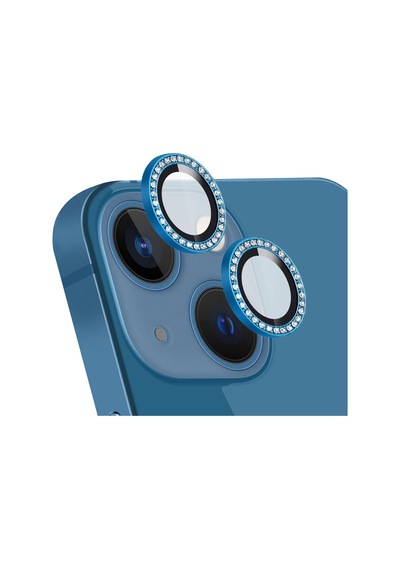 Apple Uyumlu iPhone 13 ile Taşlı Tasarım Temperli Cam Kamera Lens Koruyucu - Mavi