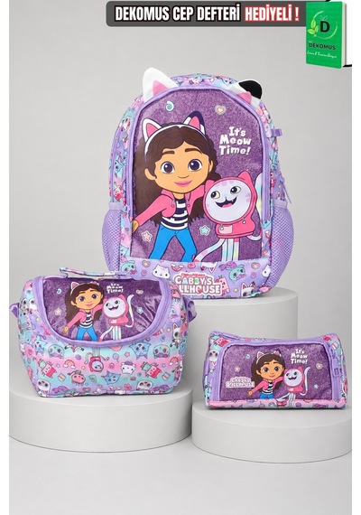X Dekomus Lisanslı Gabby S Dollhouse Meow Magic Collection Anaokul Çantası,termoslu Beslenme Çantası Ve Kalem Çantası Seti Altın