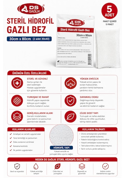 Ds Steril Hidrofil Gazlı Bez 30x80 Cm 5 Adet Yüksek Emici Yumuşak Gazlı Bezi, Çok Amaçlı Kullanım
