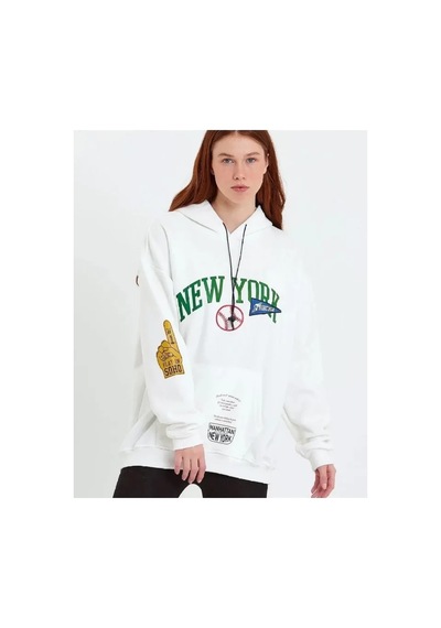 Veraura Lifestyle Baskılı Kapüşonlu Sweatshirt - Beyaz