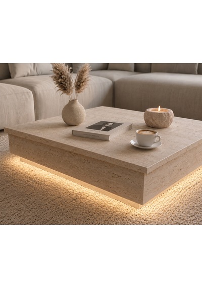 Misterium Perla Led Işıklı 90x75 Kare Orta Sehpa - Traverten Doku - Mermer Desen