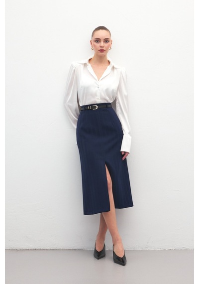 Sateen Anna Yırtmaçlı Etek - Lacivert-137175 Lacivert