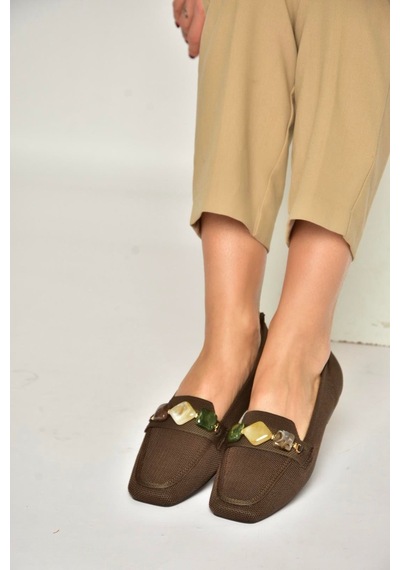 Fox Shoes Y820400304 Kahverengi Triko Kumaş Boncuk Detaylı Kadın Babet Kahverengi