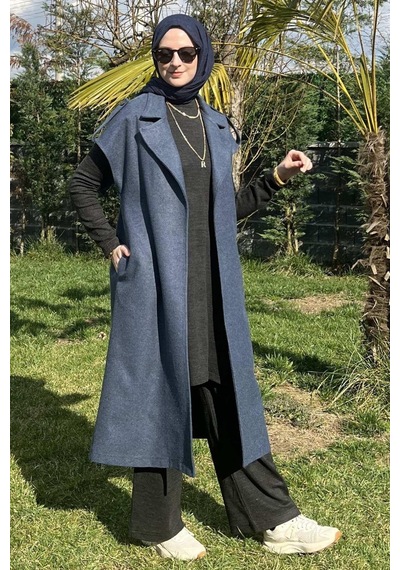 Rabia Şamlı Apoletli İndigo Yelek Normal