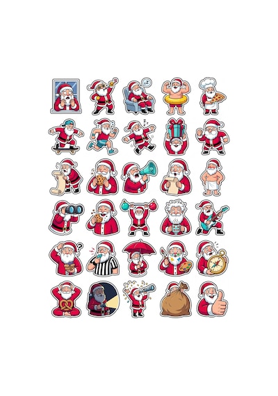 30 Adet Eğlenceli Vektörel Noel Baba Sticker Seti - Laptop Defter Telefon İçin Çok Renkli