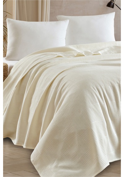 Eponj Home Battal Boy %100 Pamuk Pike Örtü 230x240cm Karo Desenli Krem Weave Serisi Krem
