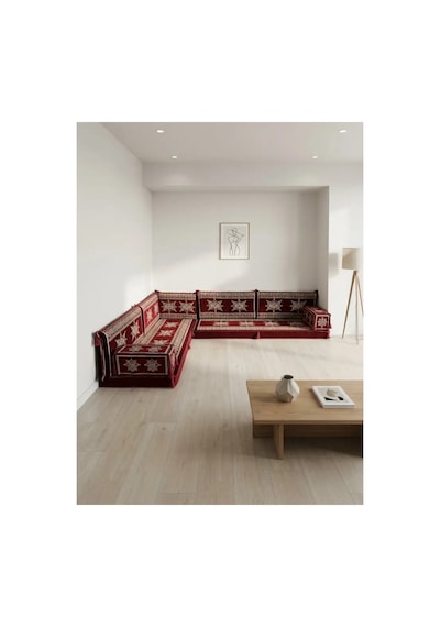 Yıldız Modeli Bordo Otantik Şark Köşesi Takımı L Set - Geleneksel Yer Minderi Seti 10 Cm Minder Kalınlığı 9 Parça