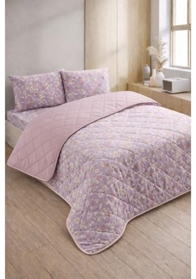 Formeya Kapitoneli Çift Kişilik Desenli Pike - Yatak Örtüsü Takımı 200x230 Cm - 2 Adet Yastık Kılıflı Lila Mor Açık Indigo