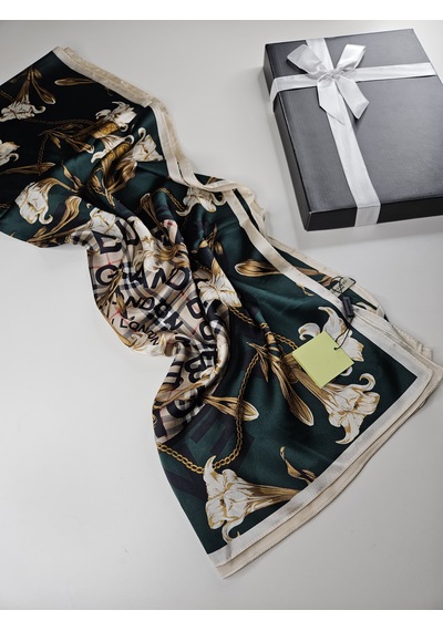 Miorel Scarfs Yeni Sezon Çiçek Desen Ekose Zincir Vual İpek Şal Premium Yeşil