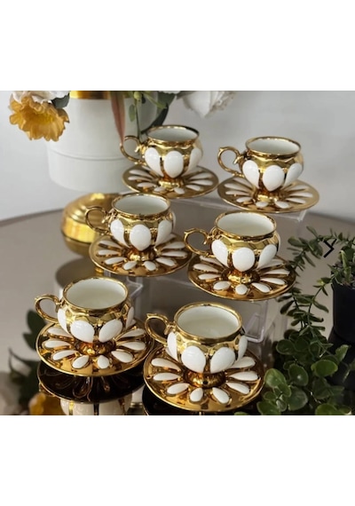 6'lı Gold Lüks Fincan Takımı-buenos 6'lı Vintage Esintili Fincan Takımı-lüks Porselen Fincan Seti Beyaz - Gold