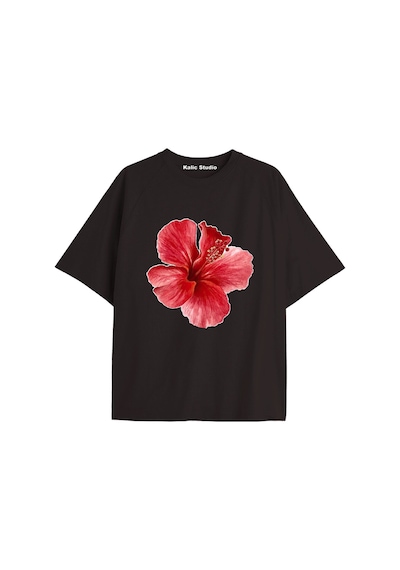 Kalic Studio Kadın Çiçek Özel Baskılı Renkli Oversize Penye Pamuklu Bisiklet Yaka T-shirt Siyah-20