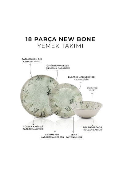 Kitchen Life 18 Parça 6 Kişilik Yaprak Fısıltısı New Bone Porselen Yemek Takımı Çorba Servis Yemek Tabağı Seti