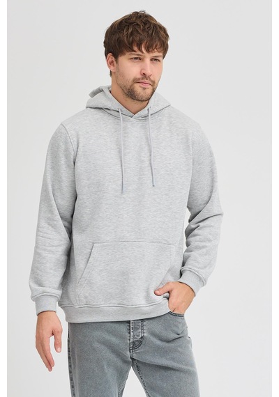 Polostate Erkek Gri Melanj Standart Fit Normal Kesim Içi Polarlı 3 Iplik Kapüşonlu Pamuklu Sweatshirt Gri Melanj
