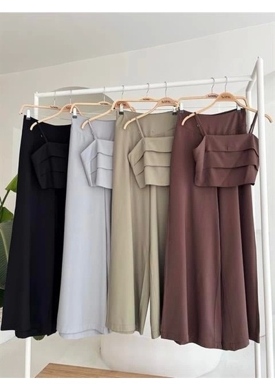 Defymoda Crop Plazzo Pantolon Takım 10155-08 Gri