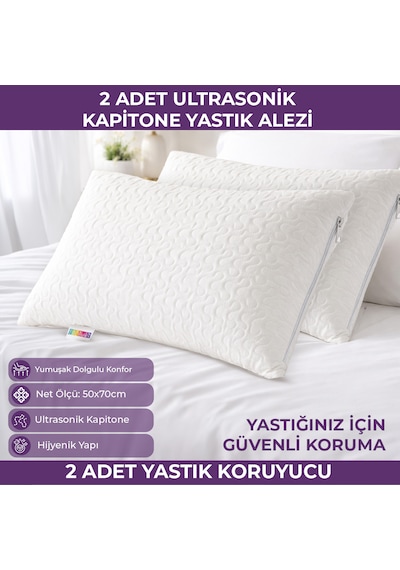 2 Li Mikro Kapitone Yastık Alezi - Hisar Serisi Beyaz