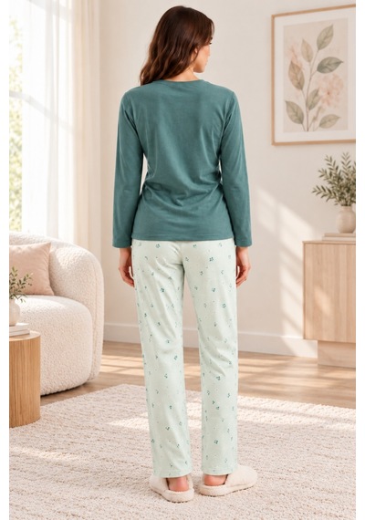 Nisanca Kadın Premium Modal Penye Pijama Takımı %100 Pamuk Soft Yumuşak Dokulu Uzun Kollu Baskılı Desenli Alt Üst 2'li Yesil