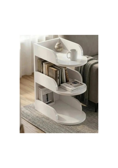 Modern 3 Katlı Kitaplıklı Yan Sehpa Beyaz