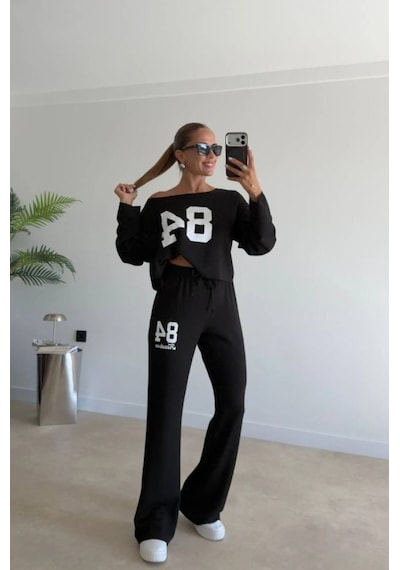Tammy Kadın Tek Omuzdan Açık Uzun Kollu Baskılı Modal Bluz Ve Pantolon İkili Takım Siyah