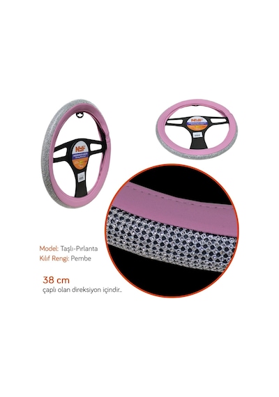 Nyf F-391 Geçmeli Direksiyon Kılıfı Taşlı Pırlanta Pembe 38 Cm