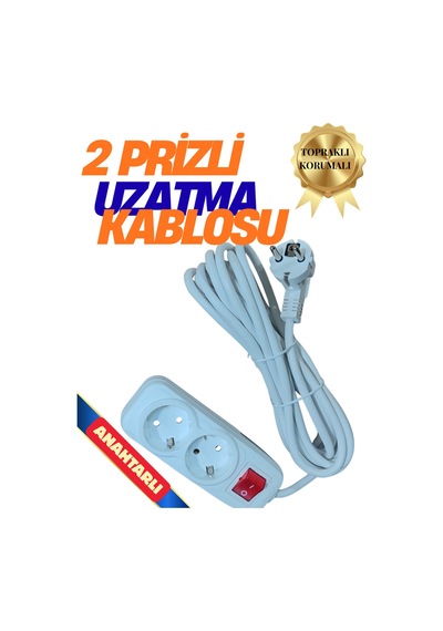 2 Prizli Grup Priz - 7 Metre Fiş Çoğaltıcı Topraklı Anahtarlı Düğmeli Çoklu Kablolu Uzatma Piriz Beyaz 6 - 8 M