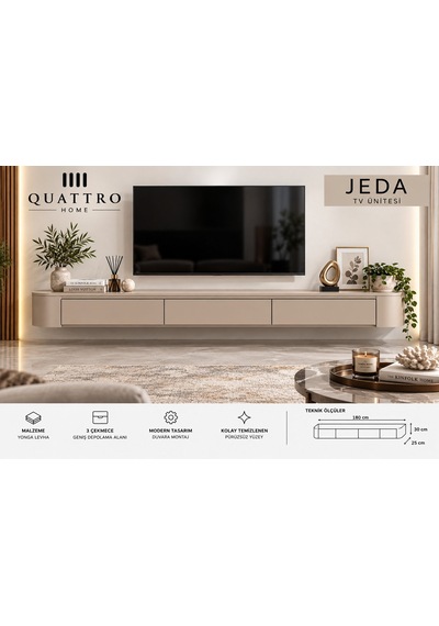 Jeda Duvara Monte Tv Ünitesi 180 Cm 3 Çekmeceli Modern Bej Tv Sehpası Krem