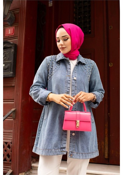 Harman Butik Kadın Kristal Taş Detaylı Denim Kot Ceket Mavi Mavi
