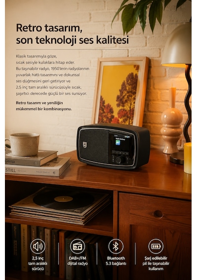 Philips Tav2000fb/00 Retro Taşınabilir Fm Radyo Bluetooth 5.4 Şarj Edilebilir Kablosuz Hoparlör Siyah