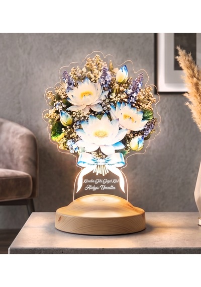 Nilüfer Lotus Çiçek Buketi Led Lamba - Kadına Doğum Günü Hediyesi Işıklı Solmayan Çiçek Nilüfer Lotus Buketi