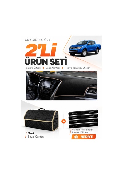 Mıtsubıshı L200 2015-2021 Uyumlu Torpido Örtüsü + Deri Bagaj Çantası + Sticker Seti - Siyah Bej
