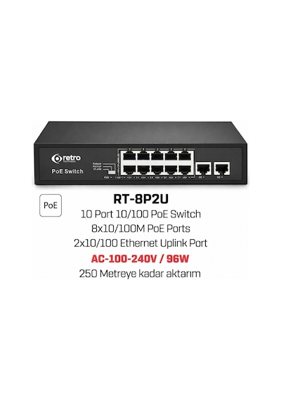 Retro Rt-8p2u 8 Port 10/100 Mbps Poe Switch 2 Uplink 10/100 Mbps