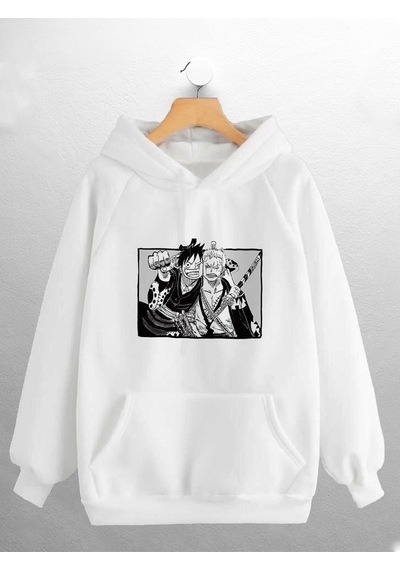 Macklin Unisex Kadın Erkek One Piece Luffy Ve Zoro Anime Karakter Baskılı Sweatshirt Beyaz Mck0664 Beyaz
