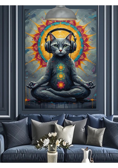 Meditasyon Yapan Kulaklıklı Kedi Dekoratif Kanvas - Mdf Ahşap Tablo