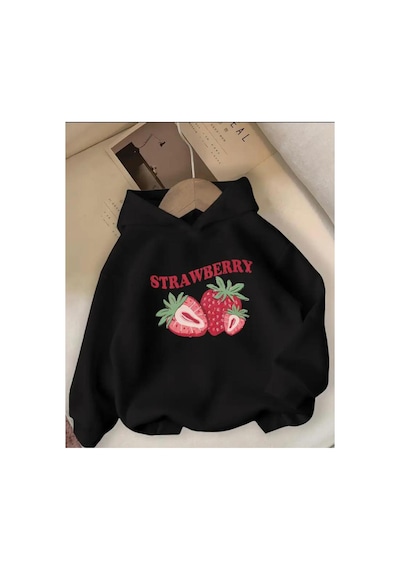 Herkesemoda Strawberry Baskı Detaylı İçi Polarlı Kapüşonlu Sweatshirt Siyah