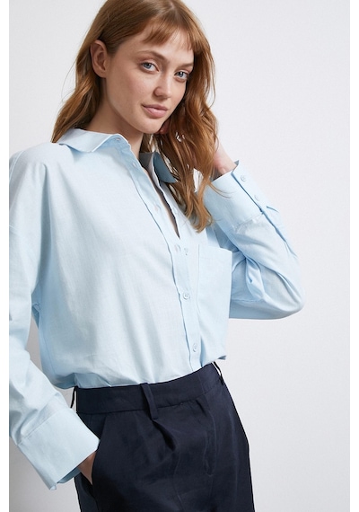 Never More Keten Karışımlı Oversize Gömlek Mavi Mavi