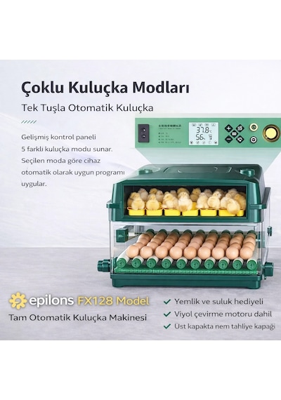 Fx128 Model Tam Otomatik Kuluçka Makinesi - Çift Katlı, Çift Güç Sistemli, Su Hazneli Yeni Nesil İnkübatör