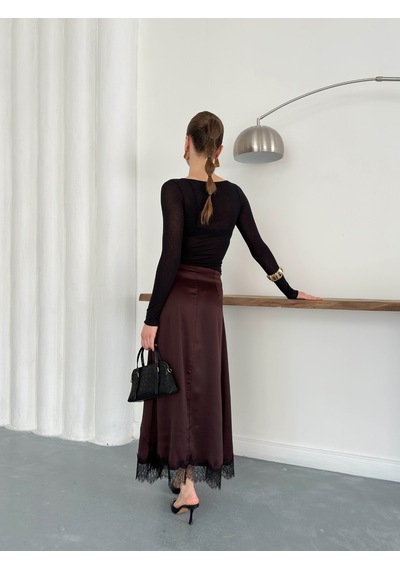 Verymoda Dantel Detaylı Saten Etek D2930 Kahve