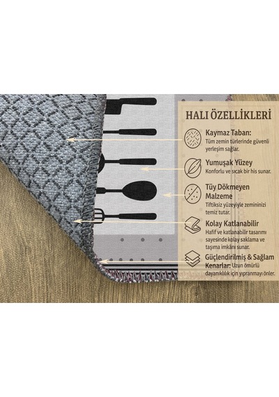 Turkıshrug Kıngdom Gri Kitchen Yazılı Halı Süpürgeyle Kolay Temizlenen Modern Tasarım Çok Renkli