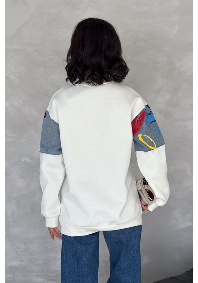 Femelle Kadın Beyaz Kot Detaylı İçi Pamuklu Sweatshirt - S76