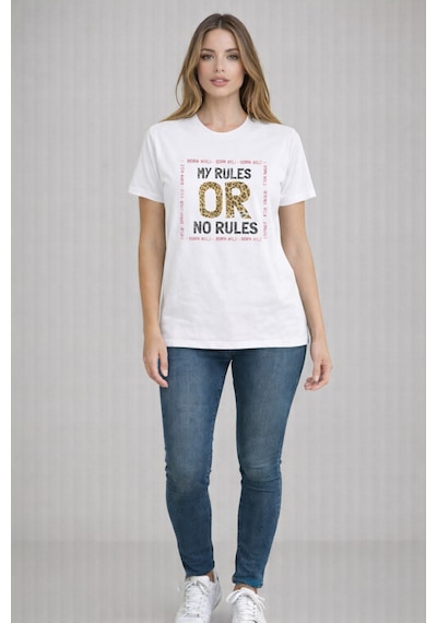 Herkesemoda My Rules Baskı Detaylı Basic T-shırt Beyaz