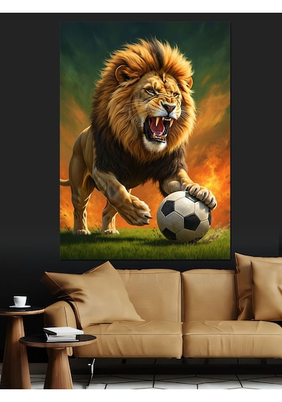 Ahşap Tablo Futbol Oynayan Aslan Resmi