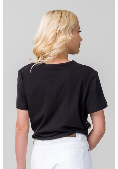 Kadın Bağlamalı Baskılı Viskon Kombinli Likralı Örme Kumaş Sıfır Yaka Tshirt Siyah Kadın Bağlamalı Baskılı Viskon Kombinli Likralı Örme Kumaş Sıfır Yaka Tshirt Siyah