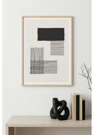 Doğal Ahşap Çerçeveli Minimal Line Art Desenli Tablo - Soyut Huhu1566