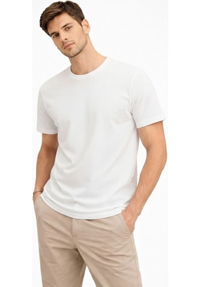 Erkek Bisiklet Yaka Yazlık Kısa Kol Düz Tişört Regular Kalıp T-shirt - Beyaz