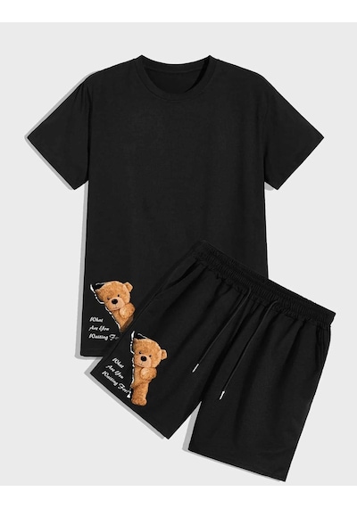 Siyah Ayıcık Baskılı Şort T-shirt Takım Siyah