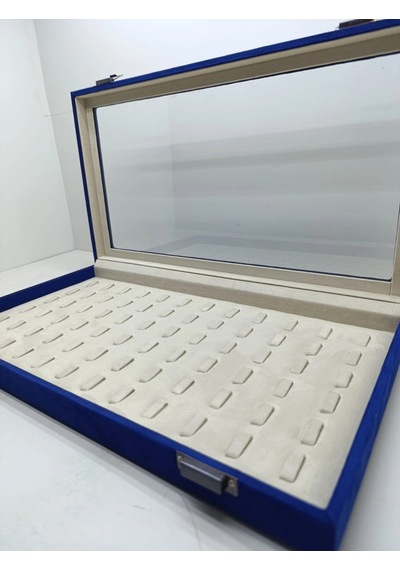 Yeni Cam Kapaklı Süet Lacivert Kumaş 45 Cm / 25 Cm Tırnaklı Yüzük Tablası