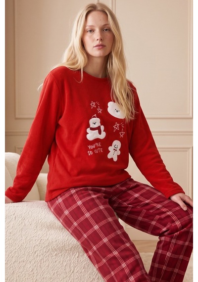 Siyah İnci Narçiçeği Nakışlı Alt-üst Polar Kışlık Örme Pijama Takım 26222131