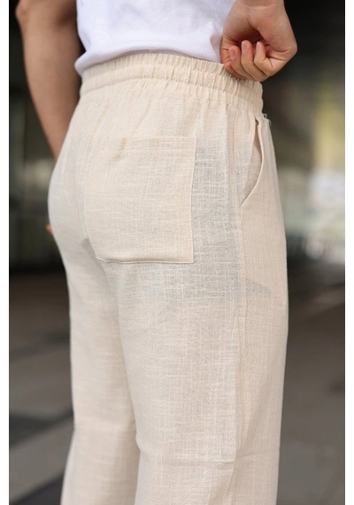 Defymoda Erkek İthal Yıkamalı Keten Pantolon Bej