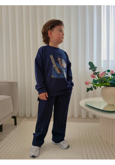 Mila Mood Erkek Çocuk Lacivert Ayıcık Baskılı Eşofman Takımı Sweatshirt Bol Paça Pantolon 2'li Takım