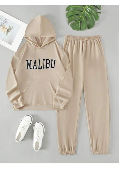 Malibu Eşofman Takımı Sweatshirt Jogger - Bej Baskılı Oversize Şardonlu Kapüşonlu Bej